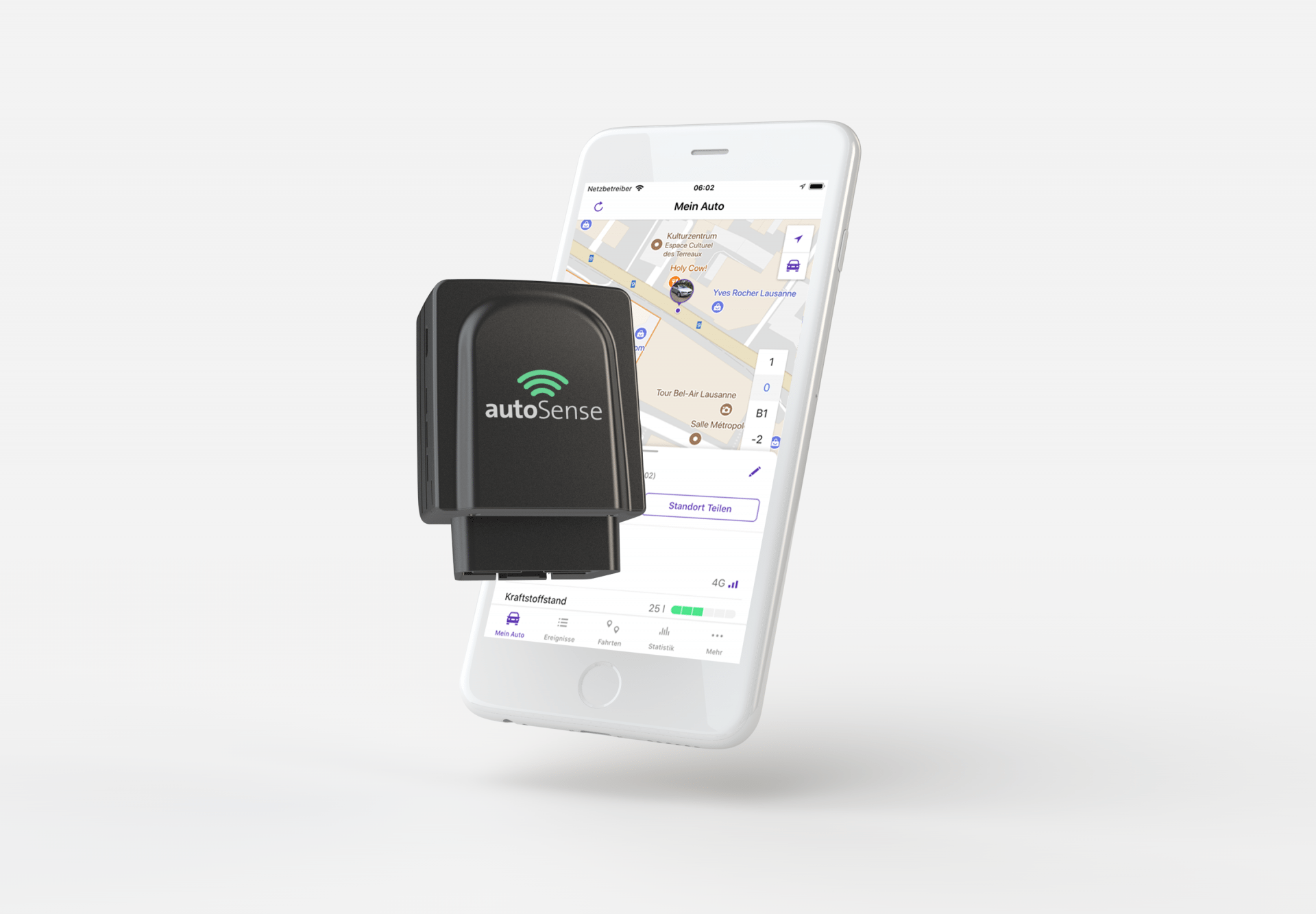 Darstellung des autoSense Adapters, der via App mit dem Fahrer kommuniziert und wichtige Daten übermittelt.