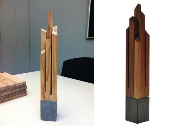 Der erste Entwurf (links) und die finale Family Business Award Trophäe (rechts).