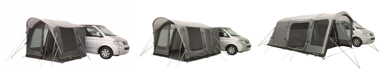 Les modèles Air Outwell Newburg (160x160 cm), Outwell Parkville (260x360 cm) et Outwell Jonesville (540x210 cm) répondent parfaitement aux besoins variés du camping (de g. à dr.).